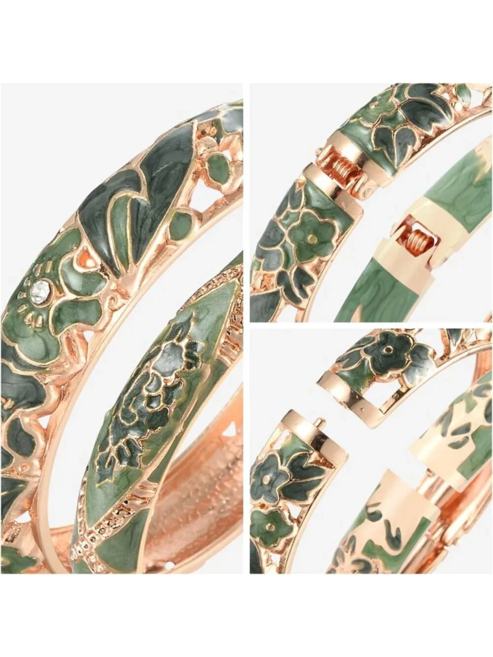 Gorgeous Vintage Cloisonne Enameled Rhinestone Rose Hinged Cuff Bracelet